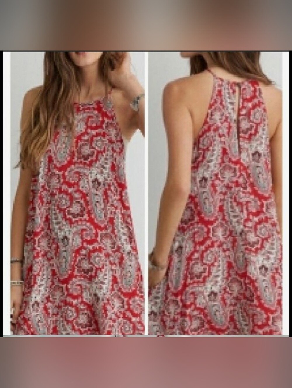 American Eagle Paisley Swing Dress Red Boho Halter ** Medium  ** EUC!!